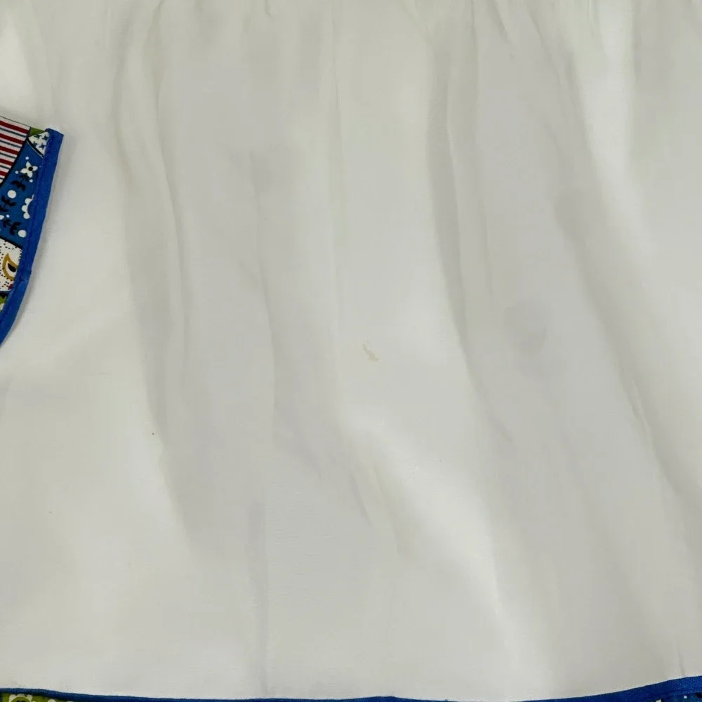 Vintage Sheer White Half‎ Apron Multi Color Geometric Patchwork Pocket Blue Trim